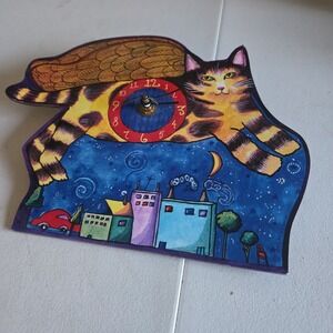 Wendy Costa 1994 Whimsical Flying Cat Wall Clock City Sky Line